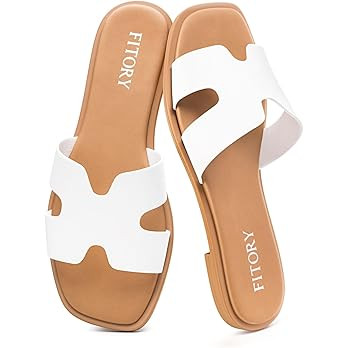 FITORY Women's Slide Sandals, Flat Fashion Square Open Toe with Cushion Slippers for Summer Beach | Amazon (US)