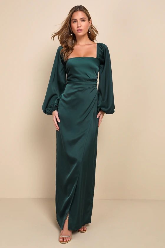 Eternal Heart Emerald Green Satin Long Sleeve Maxi Dress | Lulus