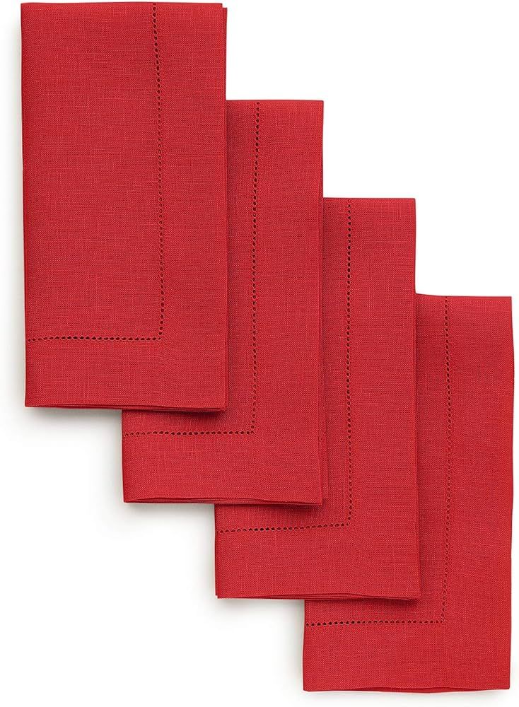 Solino Home Linen Dinner Napkins 20 x 20 Inch – Classic Hemstitch Red Napkins Set of 4 – 100%... | Amazon (US)