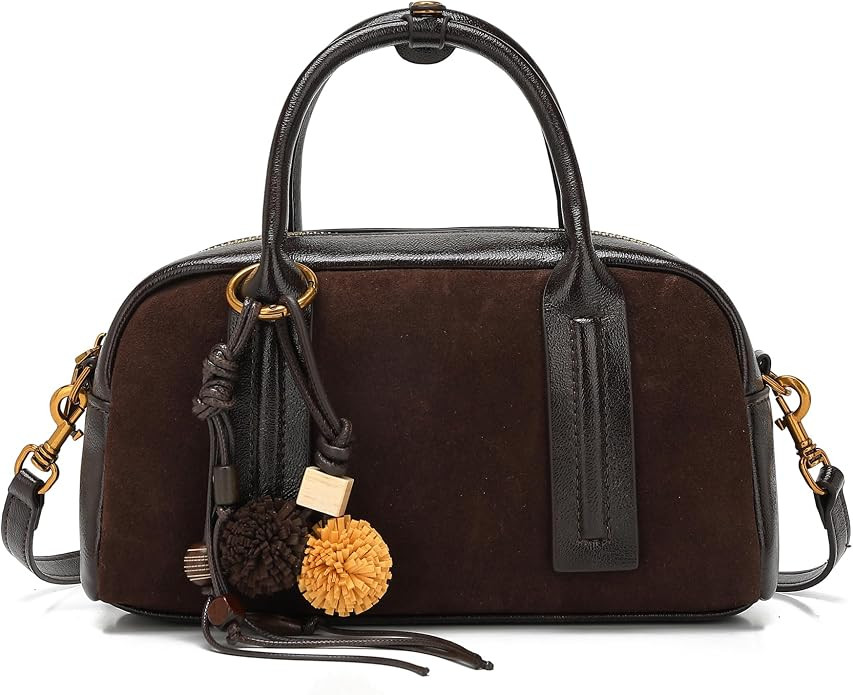Vintage Suede Boston Bag for Women, Retro Top Handle Satchel Purse with Crossbody Strap, Bowling ... | Amazon (US)
