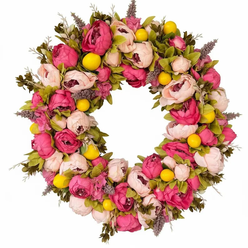 Pink Spring Peony Wreath with Lemons, Farmhouse Country Decor, Pink and Yellow Summer Wreath | Etsy (Global)