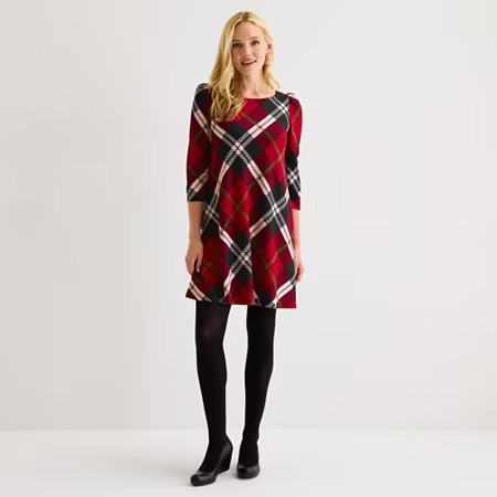 Jessica Howard Womens 3/4 Sleeve Plaid Shift Dress, Large, Red | JCPenney