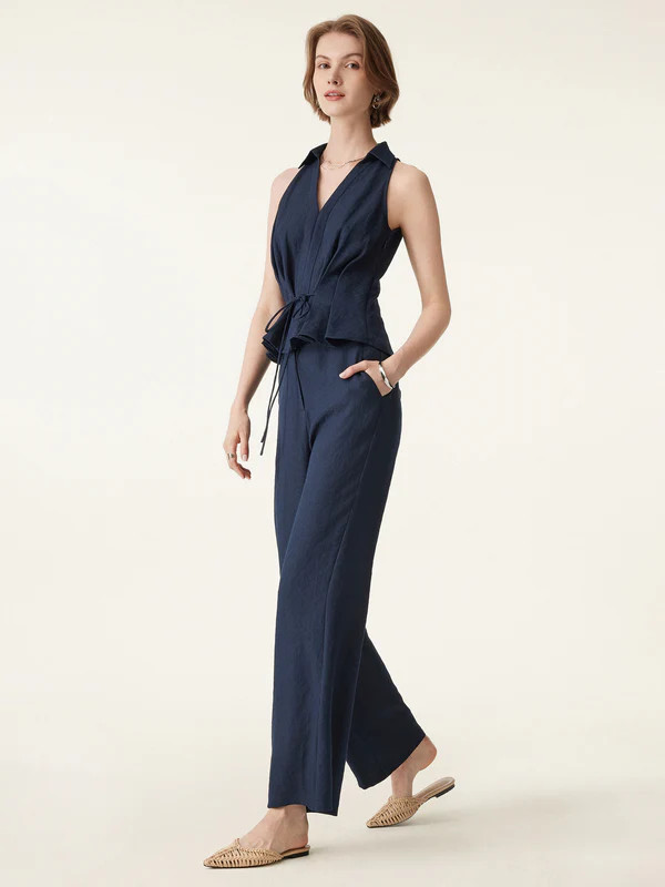 2Pcs Set Collared V-neck Sleeveless Top & Mid Rise Flared Pant with Pockets | OGLmove