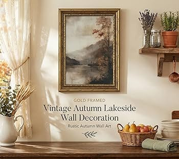 Gold Framed Vintage Fall Landscape Canvas Wall Art, Rustic Moody Lakeside Painting Picture Wall D... | Amazon (US)