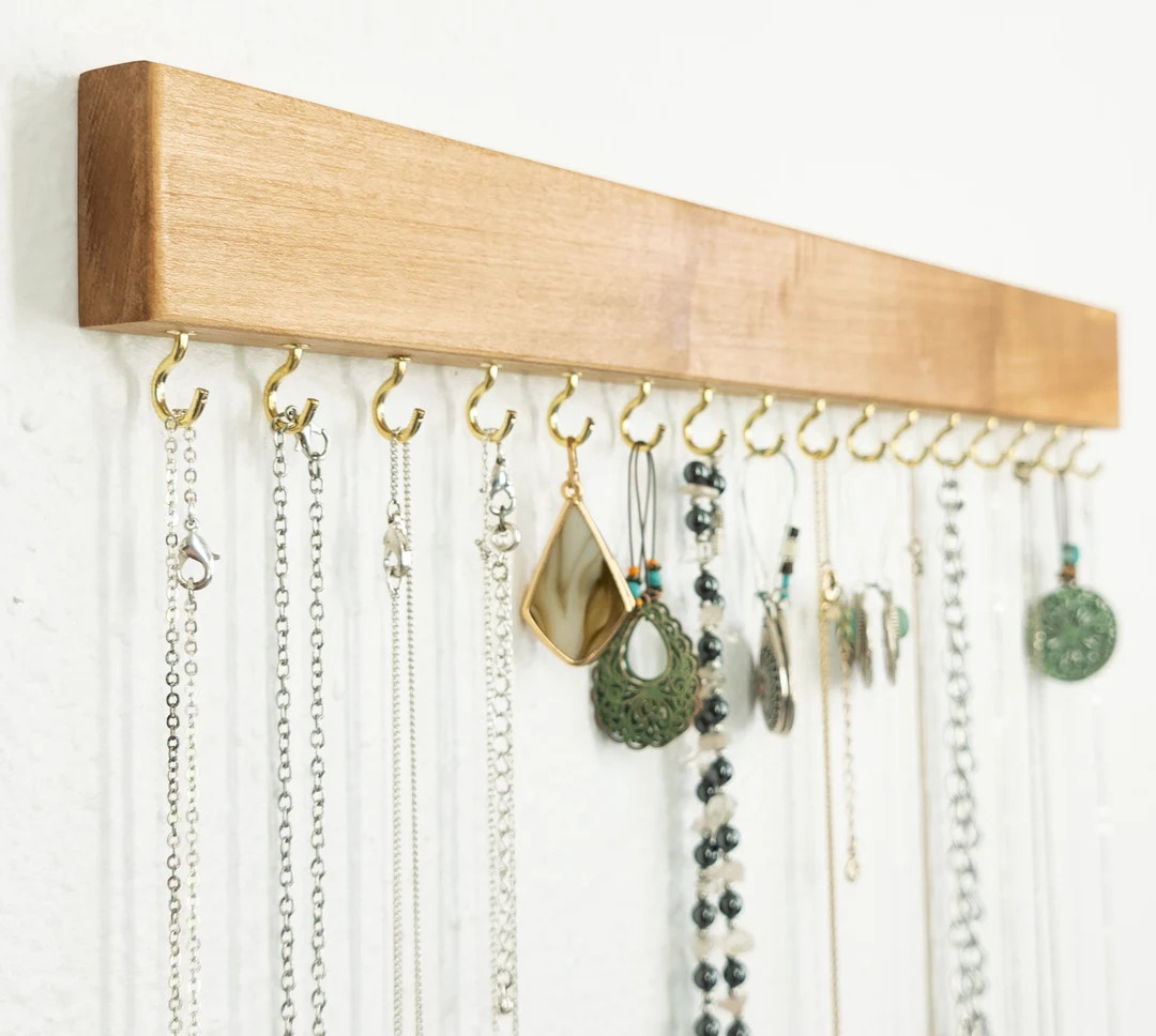 Wall Mounted Jewelry Organizer: Necklace & Earring Display With Metal Hooks - Farmhouse Boho Mini... | Etsy (US)