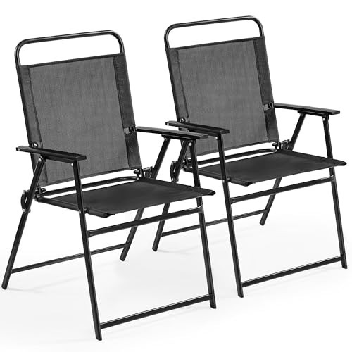 Yaheetech Outdoor Patio Chairs Set of 2, Folding Patio Chairs with Metal Frame, Armrests, Portable Dining Chairs for Camping, Lawn, Garden and Porch, Black | Amazon (US)