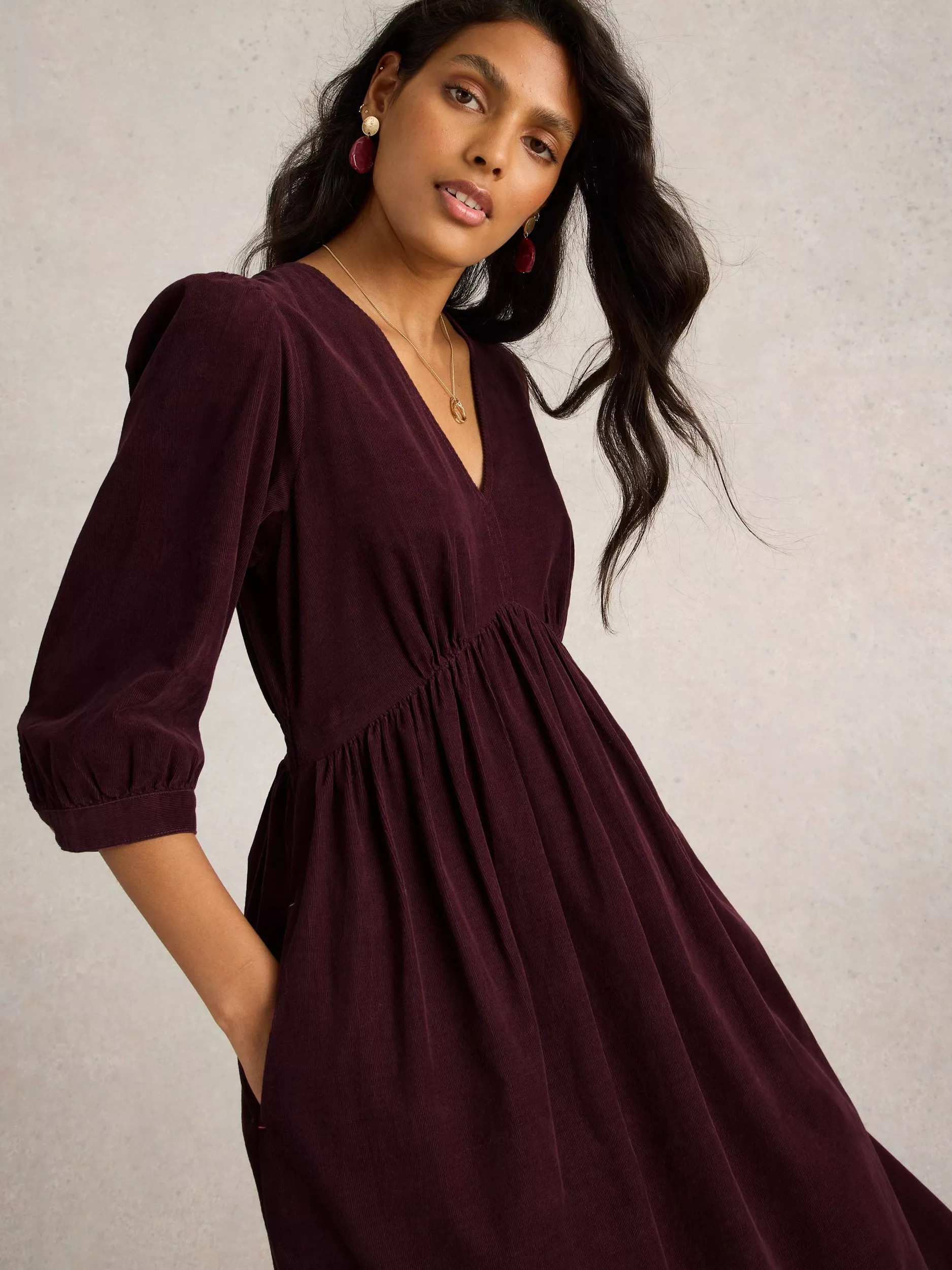 White Stuff Lucy Corduroy Midi Dress, Dark Plum | John Lewis (UK)