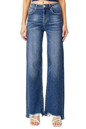 Risen Women's High Rise Frayed Hem Wide Leg Jeans (US, Alpha, XX-Large, Regular, Regular, Dark) | Amazon (US)