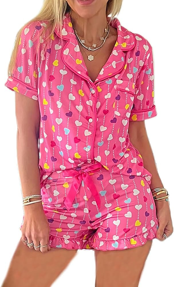 Women 2 Pieces Heart Floral Valentine's Day Pajama Sets Button-Down Short Sleeve Shirt Ruffle Sle... | Amazon (US)