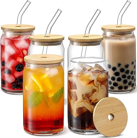 [ 6pcs Set ] Glass Cups with Bamboo Lids and Glass Straw - Beer Can Shaped Drinking Glasses, 16 o... | Amazon (US)