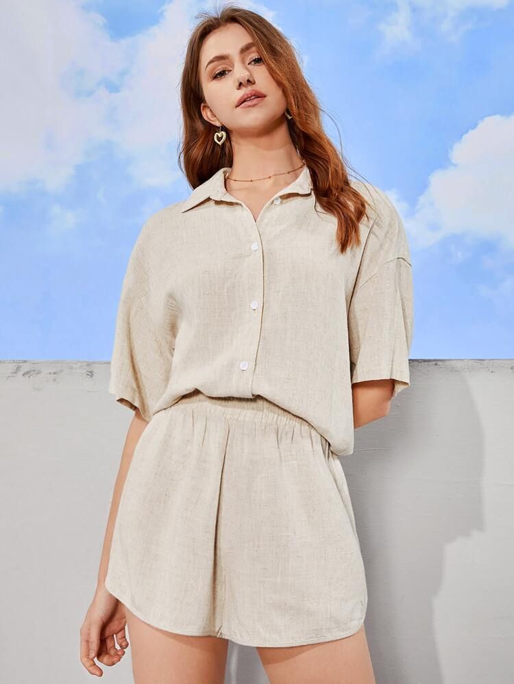 SHEIN Solid Button Front Drop Shoulder Blouse & Shorts | SHEIN