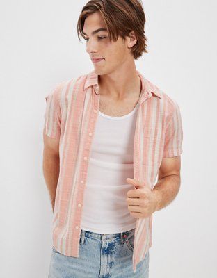 AE Striped Button-Up Resort Shirt | American Eagle Outfitters (US & CA)