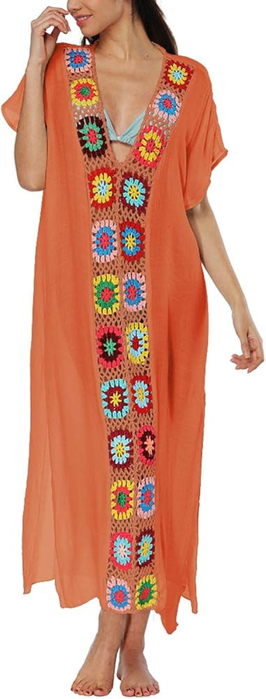 Lu's Chic Women's Crochet Swimsuit Cover Up Caftan V Neck Short Sleeve Beach Kaftan Coverups | Amazon (US)