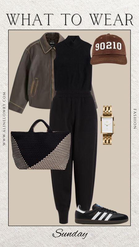 What to wear - Sunday. Casual style, chill outfit idea. Vintage pure leather jacket, vintage hat, sweats, sweater top, sambas, tote. 

#LTKSeasonal #LTKstyletip #LTKitbag
