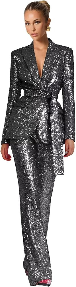 LEWIJO Sequin Suits for Women 2 Piece V Neck Sparkly Womens Suit with Belt Glitter Wedding Party ... | Amazon (US)