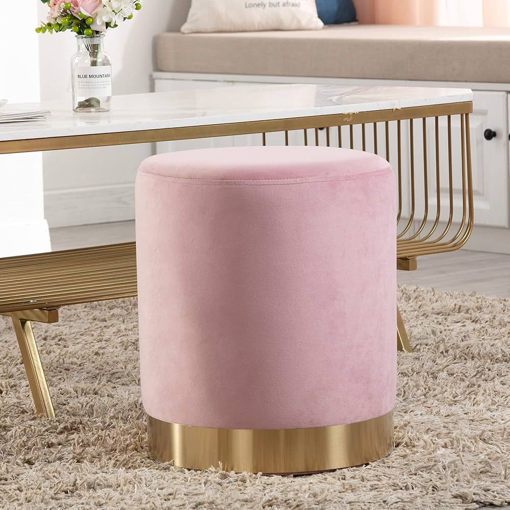 DAGONHIL Modern Round Pink Velvet Ottoman,Upholstered Floor Stools with Gold Plating Base,Accent ... | Amazon (US)