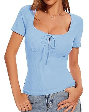 Women's Summer Sexy Short Sleeve Going Out Tops Front Tie Rib Knit Scoop Neck Y2K Top Shirts 2024... | Amazon (US)