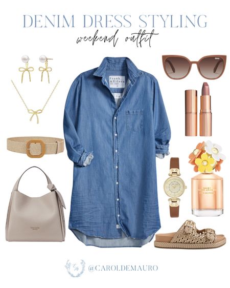 Shop this stylish yet easy weekend outfit idea: a stylish denim dress, buckle sandals, neutral handbag, cute accessories and more! 
#springfashion #casualoutfit #beautyfinds #petitestyle

#LTKBeauty #LTKStyleTip #LTKItBag