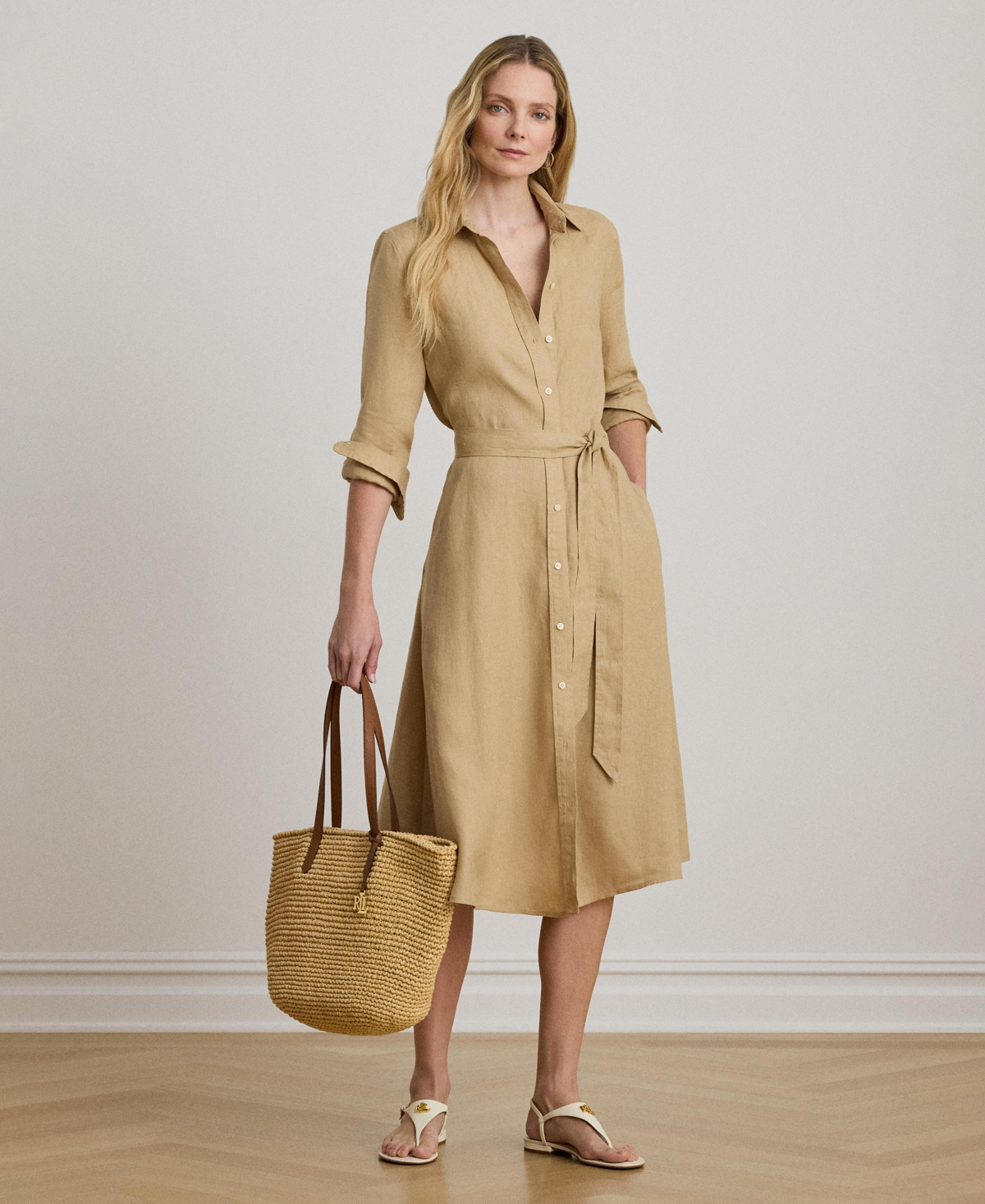 Lauren Ralph Lauren Women's Belted Collared Shirt Dress - Birch Tan | Macy's