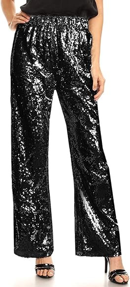Anna-Kaci Women's Elastic Waist Sparkly Sequin 70's Disco Wide Leg Flare Palazzo Pants | Amazon (US)
