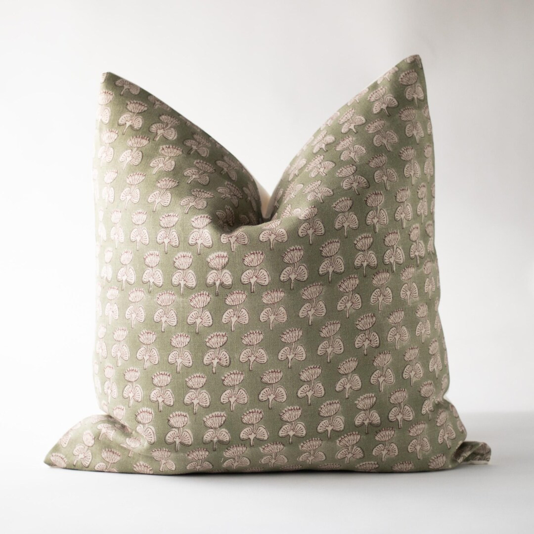 Sage Green Block Print Pillow Cover, Floral Hand Block Pillow, Modern Cottage Pillows, Designer P... | Etsy (US)