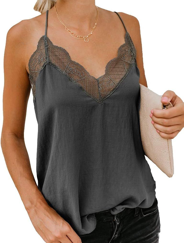 Summer Tank Tops for Womens Lace Cami V Neck Spaghetti Strap Sexy Camis Sleeveless T-Shirt | Amazon (US)