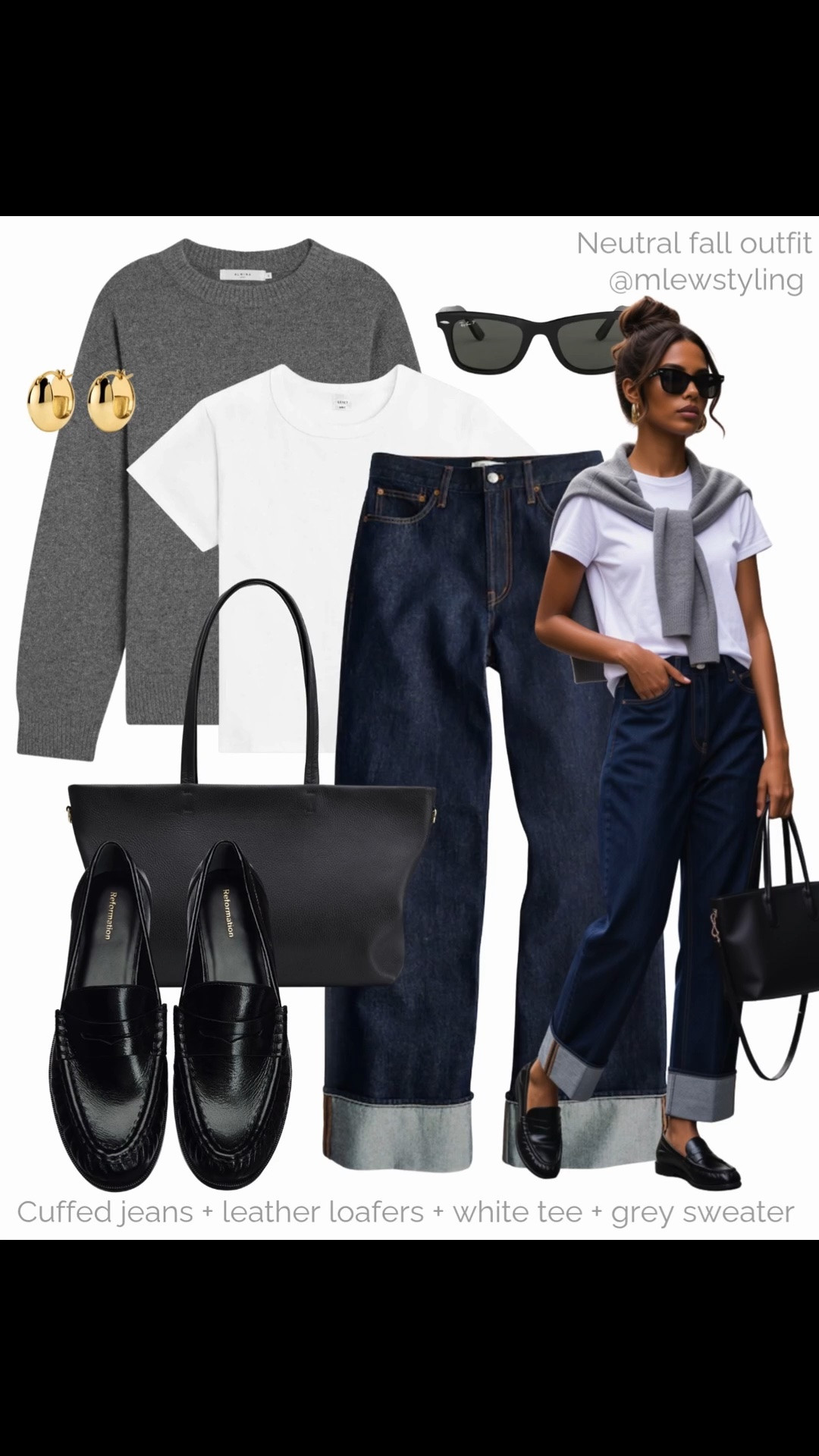 Classic & chic 🖤

Tags: neutral fall outfit, grey cashmere sweater, Leset white t-shirt, dark wash cuffed denim jeans, black leather loafers, cuyana leather tote bag, rayban sunglasses, gold hoop earrings, casual workwear, autumn office outfit

#LTKjeans #LTKfall #LTKworkwear
