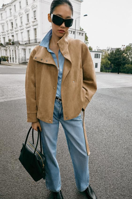 Zara - Belted Faux Suede Jacket - Dark Camel - L - Woman | Zara UK