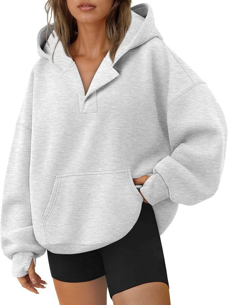 Trendy Queen Womens Oversized V Neck Hoodies with Thumb Hole Pullover Sweatshirts Y2k Clothes Fal... | Amazon (US)