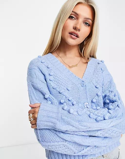 ASOS DESIGN cardi with cable and bobble stitch detail in blue | ASOS (Global)
