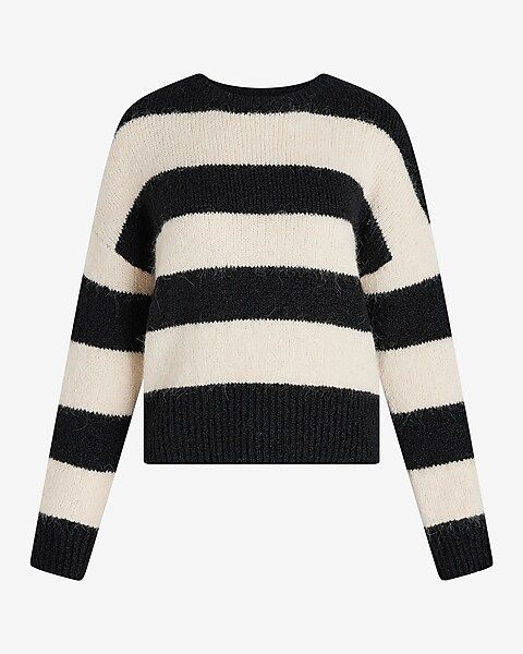 Striped Fuzzy Knit Crew Neck Sweater | Express