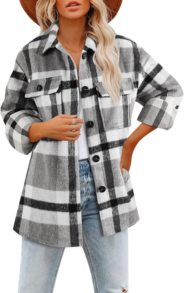 Women's Brushed Plaid Shirts Long Sleeve Flannel Lapel Button Down Pocketed Shacket Jacket Coats | Amazon (US)