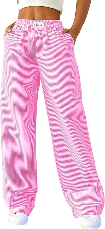LOMON Womens Striped Gingham Boxer Pants Spring Summer Pajama Lounge Pj Casual Plaid Trousers Y2K... | Amazon (US)