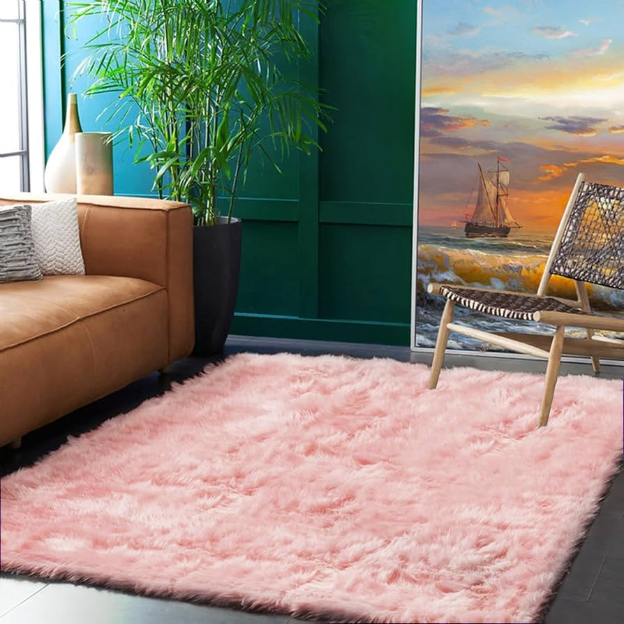 Goolela 5x8 Pink Area Rug Faux Sheepskin Fur Rug for Living Room Fuzzy Large Rug Sheepskin Rug fo... | Amazon (US)