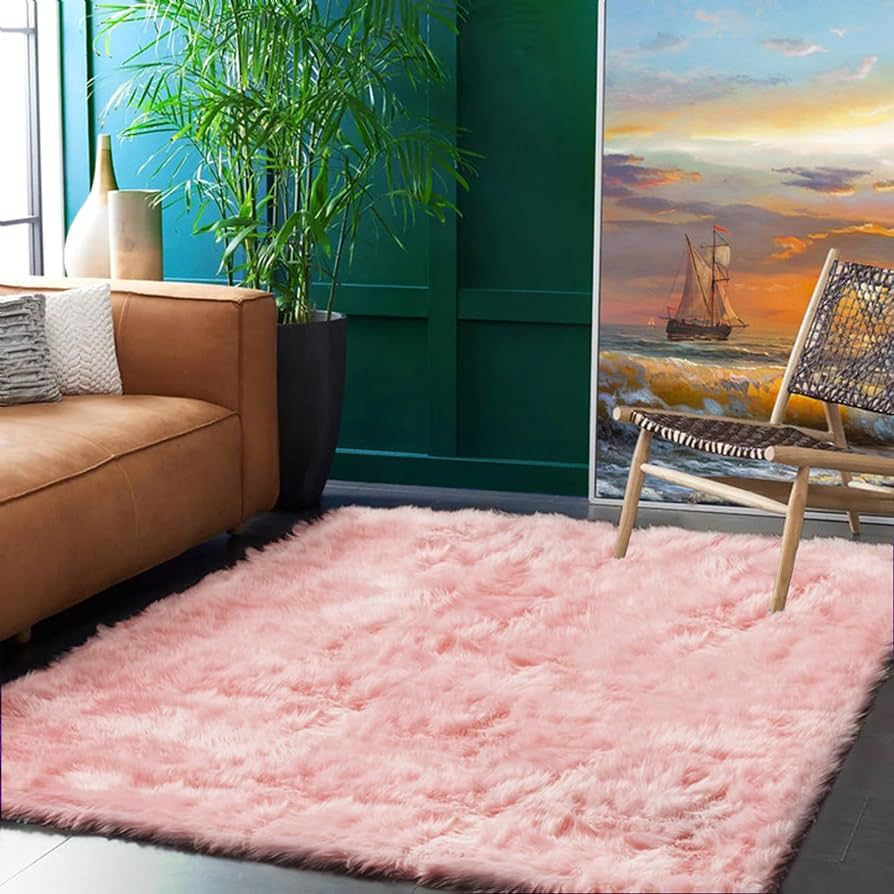 Goolela 5x8 Pink Area Rug Faux Sheepskin Fur Rug for Living Room Fuzzy Large Rug Sheepskin Rug fo... | Amazon (US)