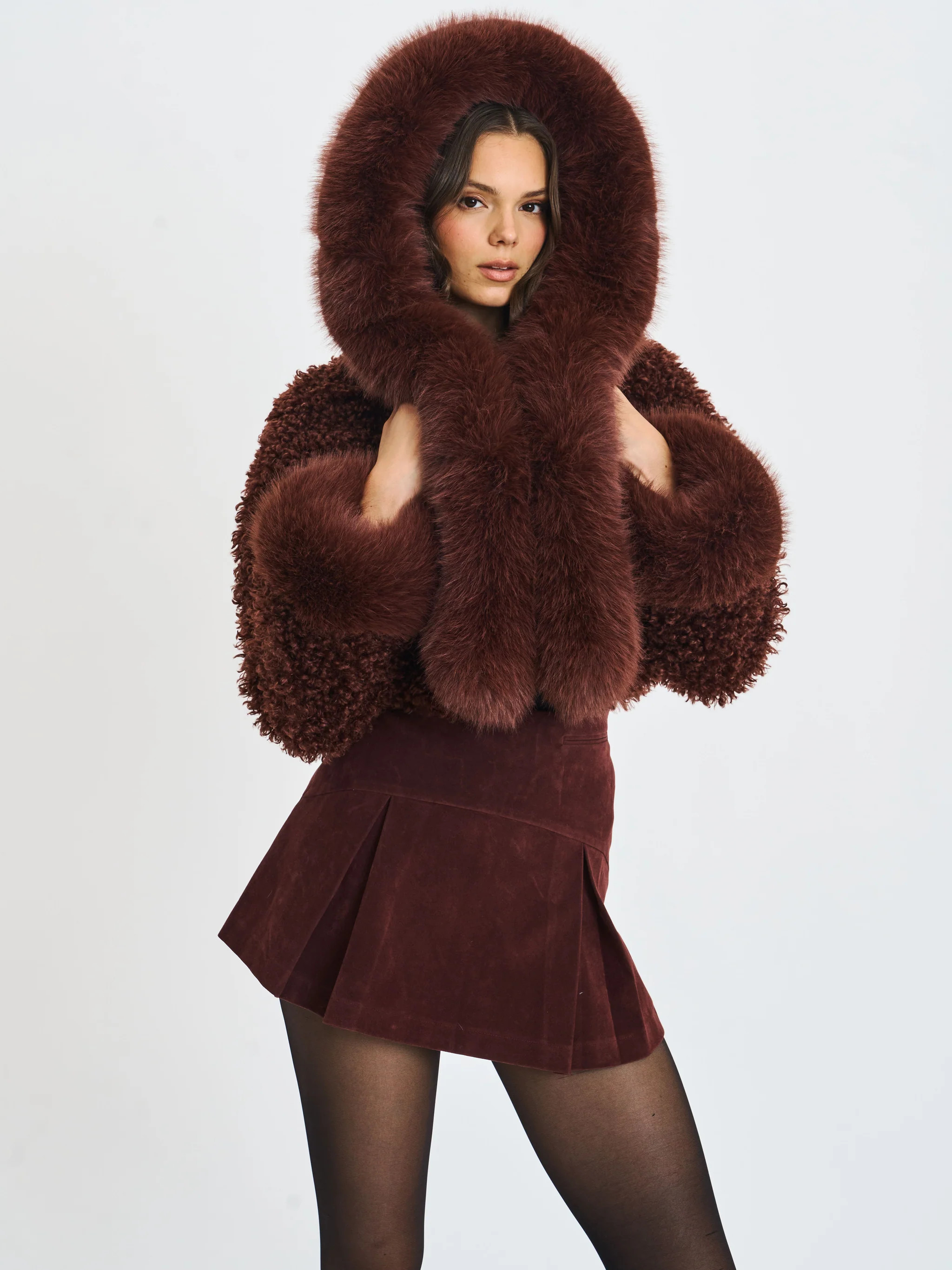 Kali Mahogany Cropped Vegan Shearling Fur Jacket | Miss Circle