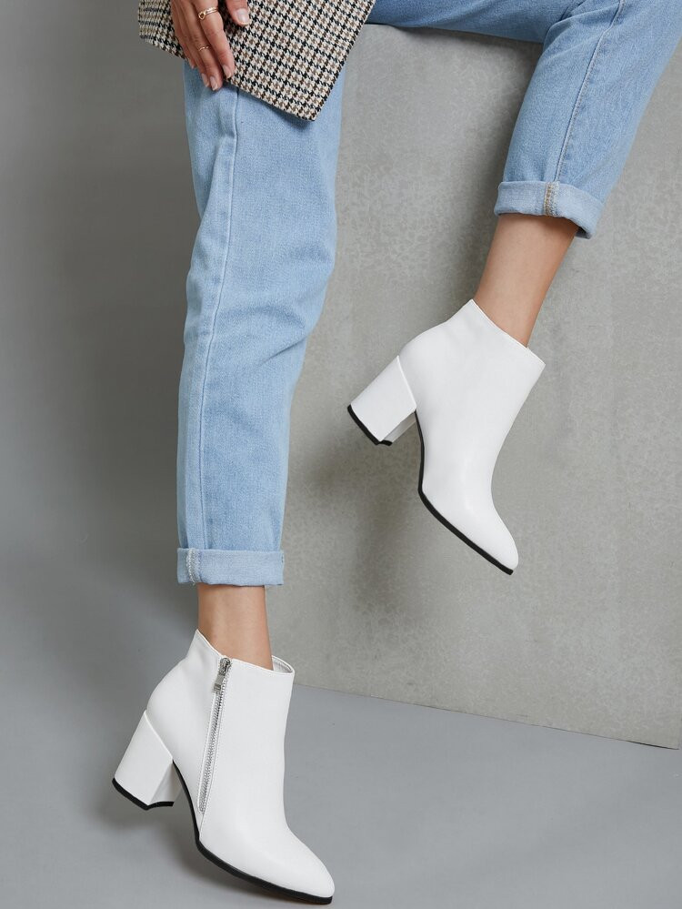 Pointy Toe Block Heel Side Zipper Ankle Boots | SHEIN