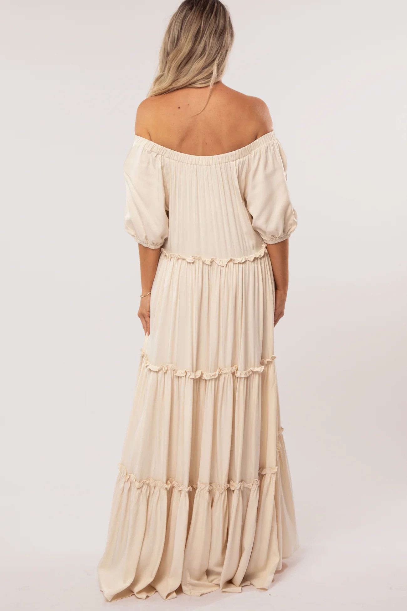 Cream Off Shoulder Ruffle Tiered Maternity Maxi Dress | PinkBlush Maternity