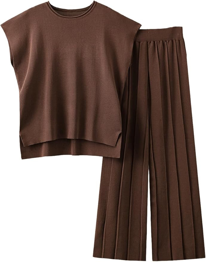 Kumufenc Women's Knit 2 Piece Outfits Sleeveless Pullover Sweater Vest Tops Elastic Waisted Pants... | Amazon (US)