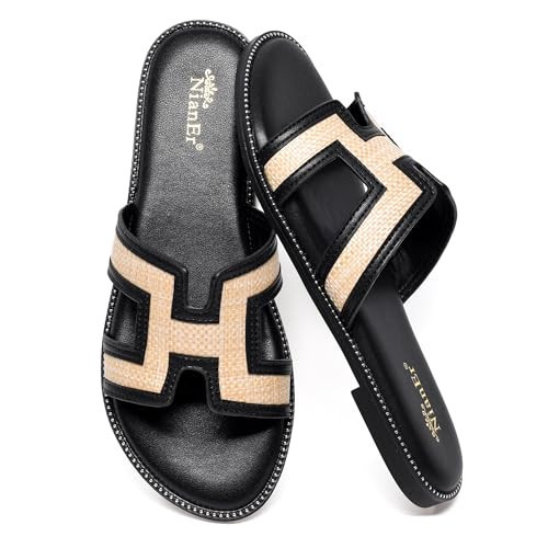 NianEr Womens Microfiber Leather Memory Foam Support H Sandals Dress Dressy Slip On Casual Cute Comfort Bride Bridal Wedding Designer Date Flat Sandals Summer Shoes Slides Black-21 Size 8.5 | Amazon (US)