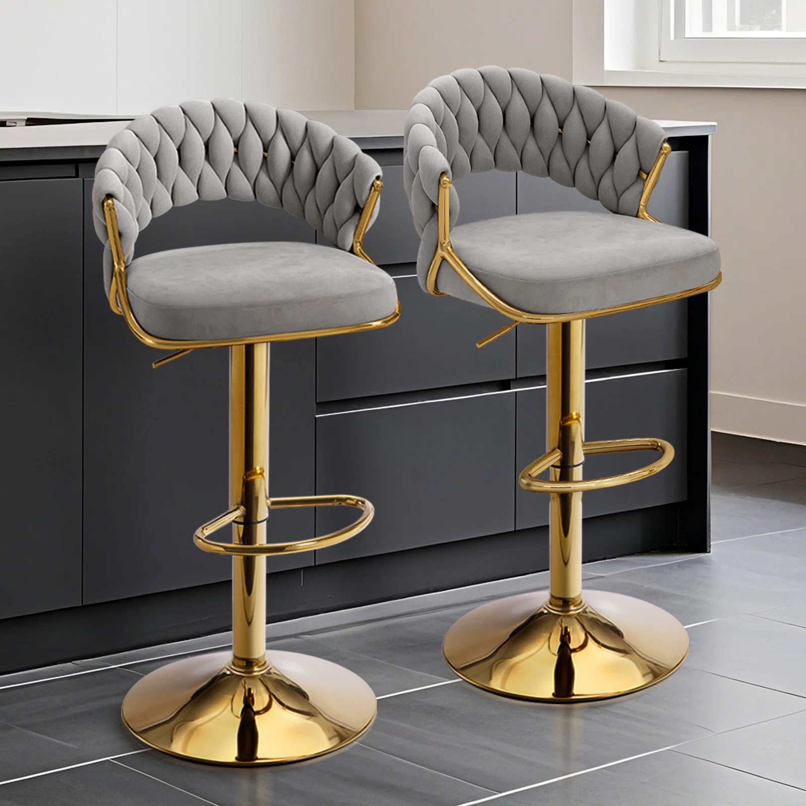 Mercer41 Velvet Swivel Bar Stools, Modern Gold Barstools with Woven Back - Wayfair Canada | Wayfair North America