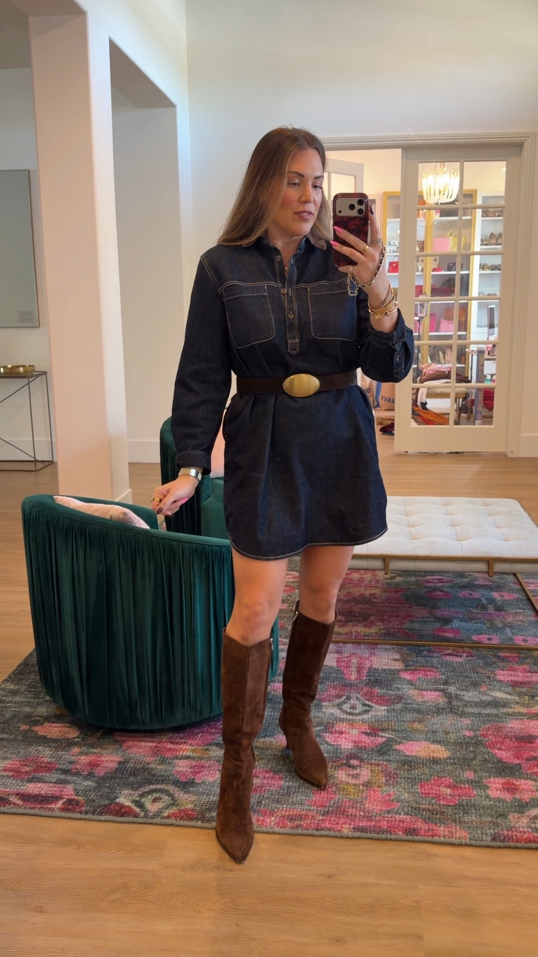 curvy midsize fall outfit! wearing size medium in dark wash denim shift dress. belted the look to be more fitted. dress is 40% off!

#LTKSeasonal #LTKMidsize #LTKSaleAlert