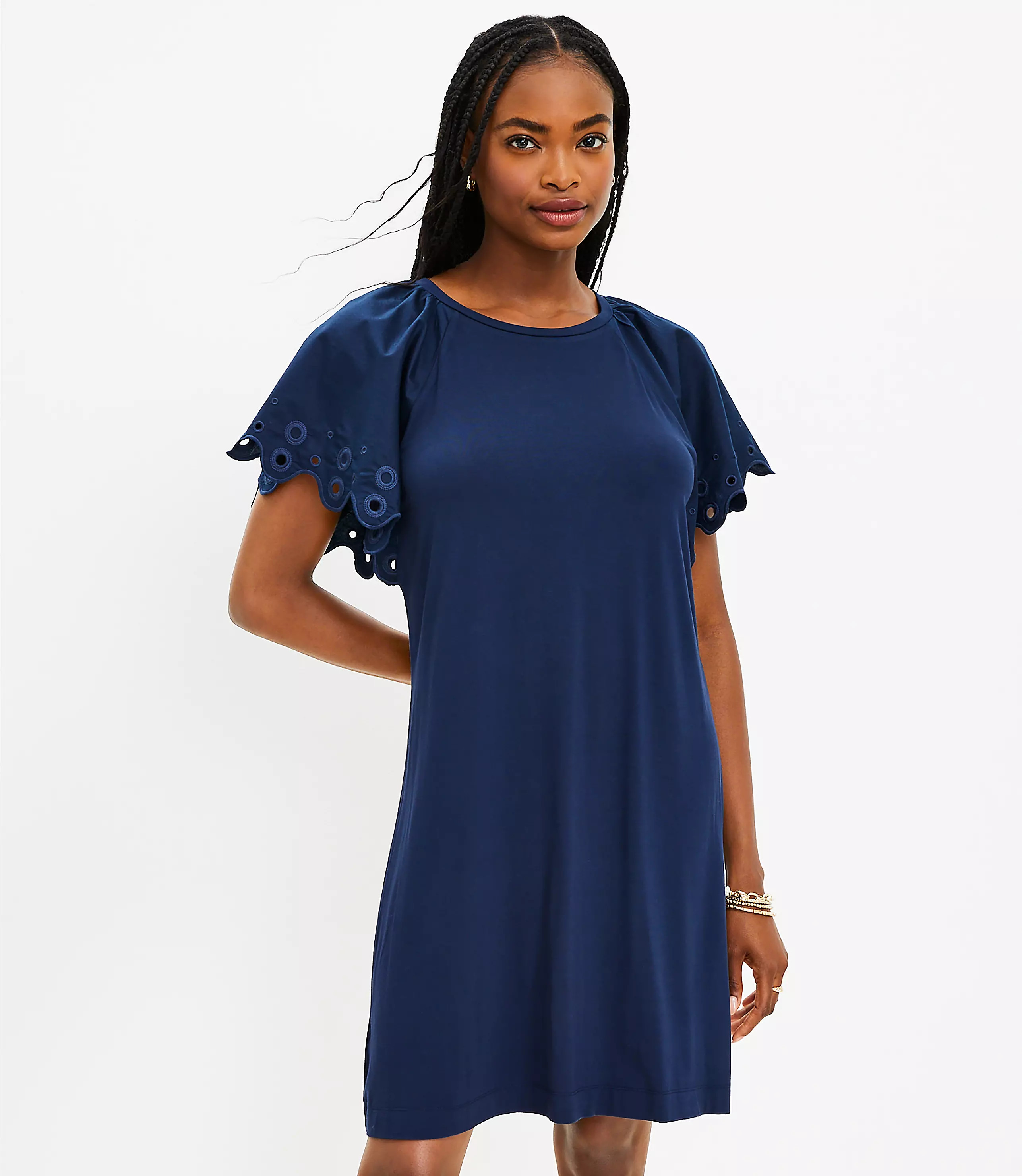 Eyelet Flutter Sleeve Mixed Media Shift Dress | LOFT