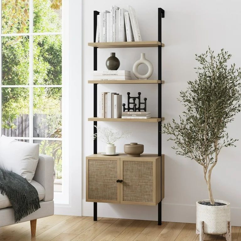 Nathan James Theo Open Shelf Bookcase with Rattan Drawers in Light Oak Wood and Matte Black Frame | Walmart (US)