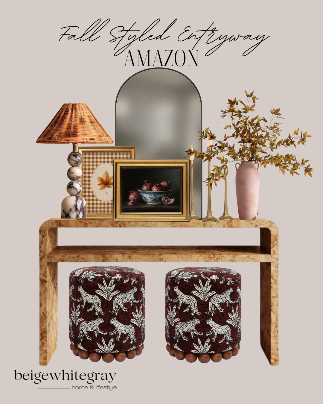 Amazon fall decor, fall entryway decor, fall console table styling, Amazon home finds, fall home decor, autumn entryway ideas, fall console decor, burgundy fall decor, moody fall decor, vintage fall decor, traditional fall decor, fall floral stems, fall vase styling, rattan table lamp, arched mirror, Amazon mirror, burl wood console table, fall artwork, brass candlesticks, fall accent stools, animal print ottoman, layered fall decor, cozy fall home, elevated fall decor, designer inspired fall decor

#LTKSeasonal #LTKHome