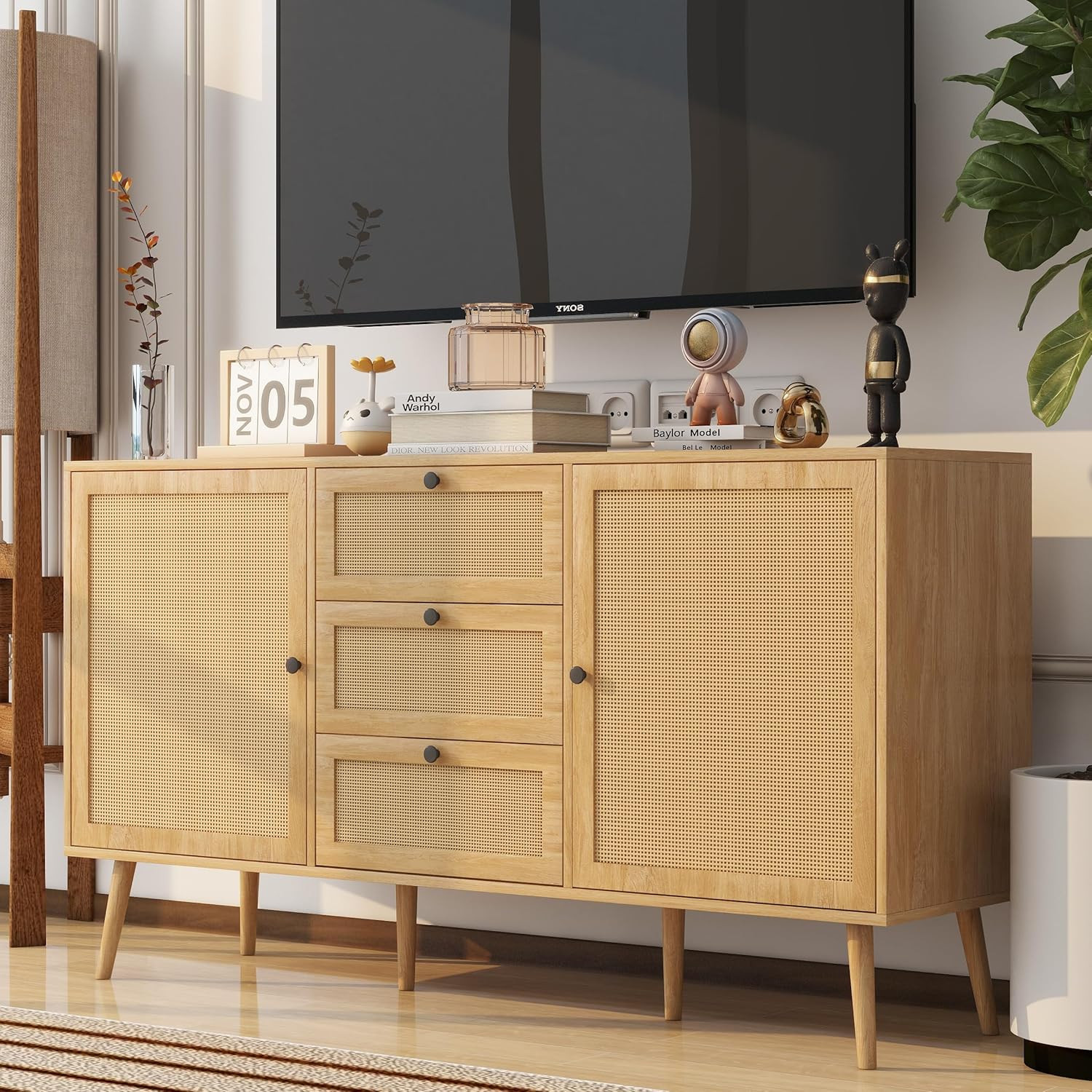 Oubayajia Rattan Sideboard Buffet Cabinet, 57.87" Rattan Accent Cabinet Storage Cabinet Console T... | Amazon (US)