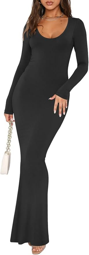REORIA Women's Sexy Scoop Neck Long Sleeve Lounge Long Dress Ribbed Bodycon Maxi Dresses | Amazon (US)