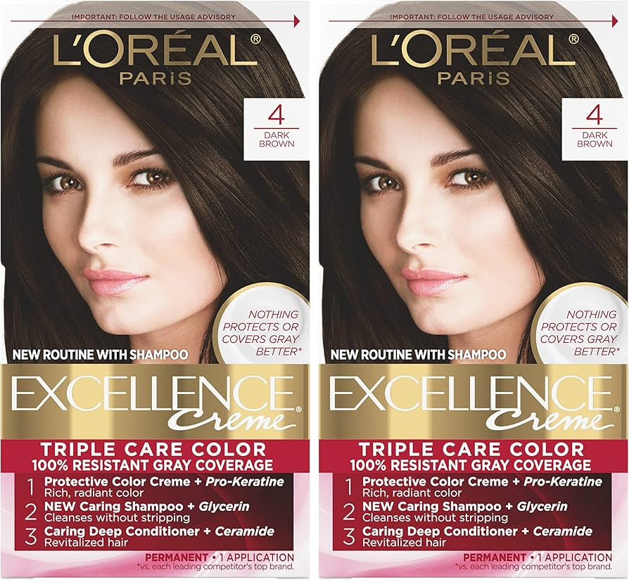 L’Oréal Paris Excellence Creme Permanent Hair Color, 4 Dark Brown, 100 percent Gray Coverage H... | Amazon (US)