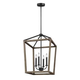 Feiss Gannet 4-Light Weathered Oak Wood and Antique Forged Iron Rustic Farmhouse Dining Room Hang... | The Home Depot