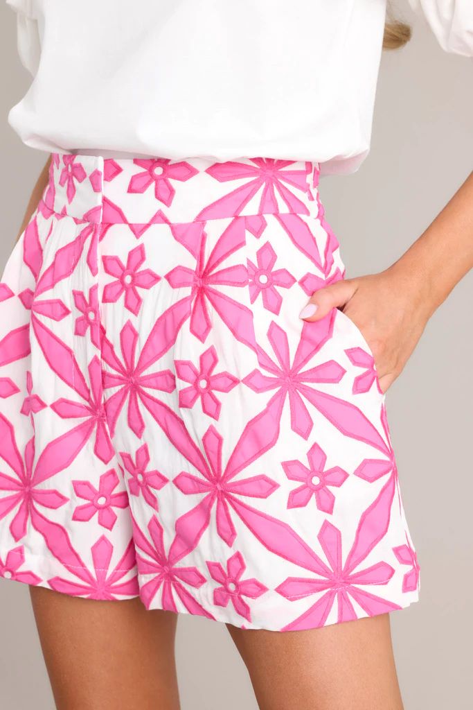 Petal Prism Pink Geometric Floral Embroidered Shorts | Red Dress